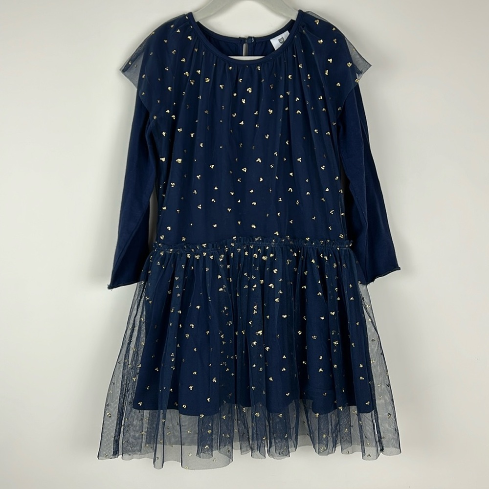 Hoot kid girls dress size 6 navy with gold glitter hearts